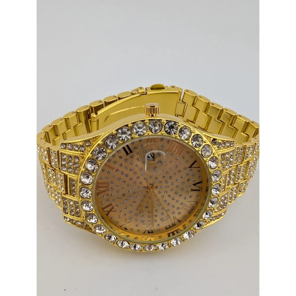 Men's Quartz‎ Watch Gold Tone Bling 43mm Case 7.5